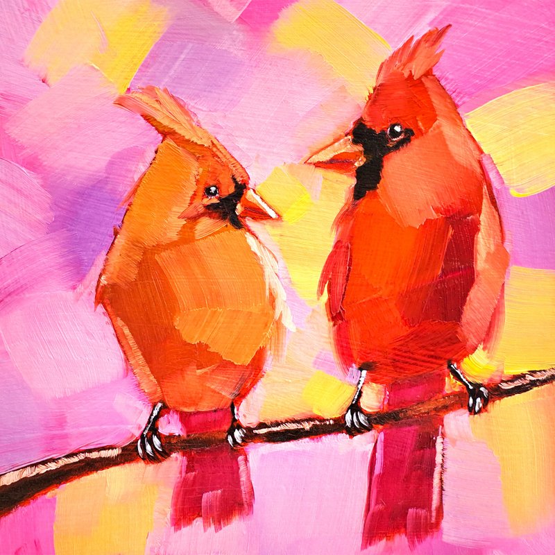 Cardinal Painting Birds Original Art Animal Oil Painting Cardinal Couple Art - 海報/掛畫/掛布 - 其他材質 多色