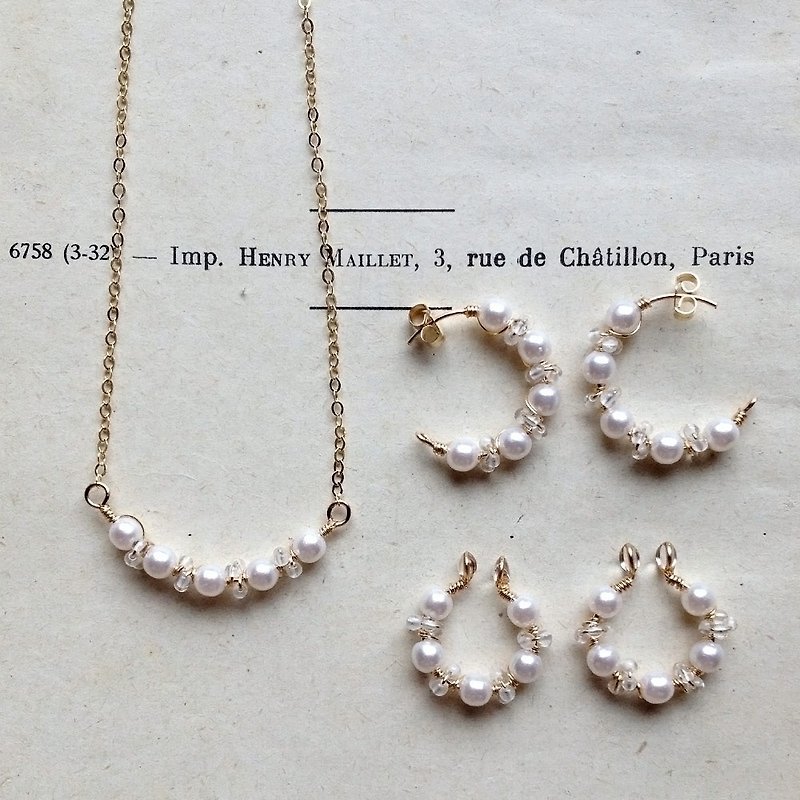 Goody Bag/14kgf Crystal and Vintage Pearl Necklace & Hoop Earring Set - ピアス・イヤリング - 宝石 ホワイト
