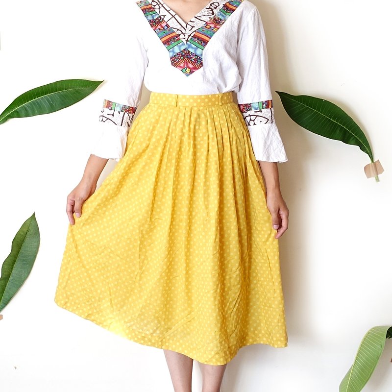 BajuTua / vintage / bright yellow Shuiyu dot high waist skirt - กระโปรง - ผ้าฝ้าย/ผ้าลินิน สีเหลือง