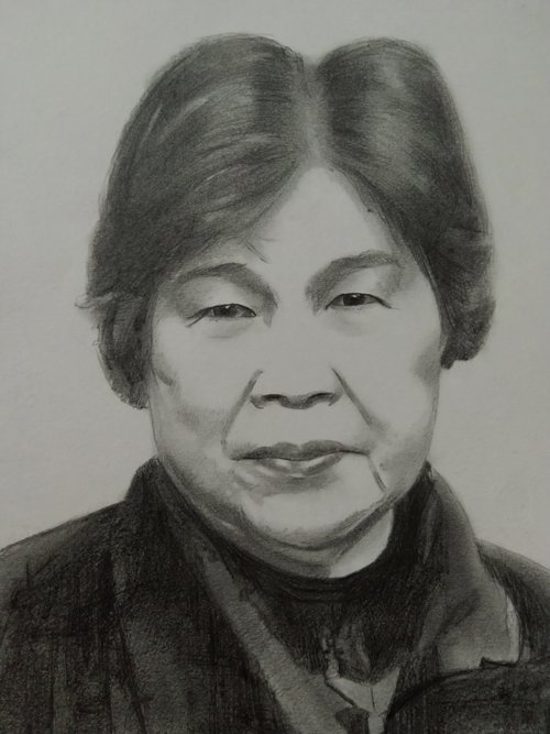 鉛筆画 老女の肖像 高齢者の半身画/鉛筆デッサン/人物デッサン/額装 - ショップ Lin