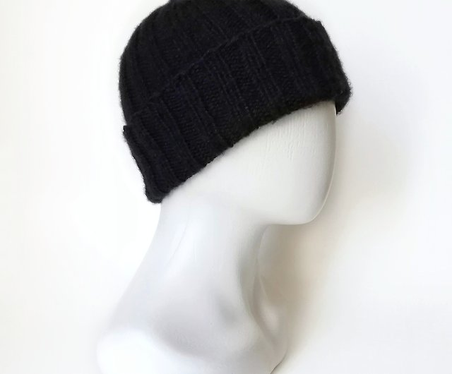 メンズブラックニット帽、手編みビーニーハット、ウールニットキャップ