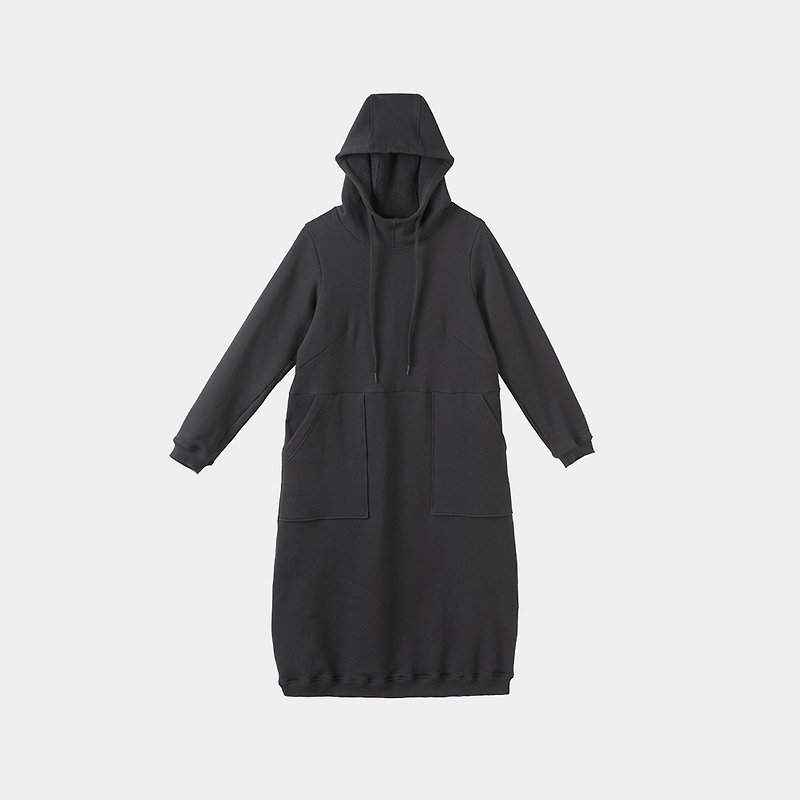 ผ้าฝ้าย/ผ้าลินิน เสื้อแจ็คเก็ต สีดำ - Heavyweight cotton fleece long hooded jacket black pullover sweater dress