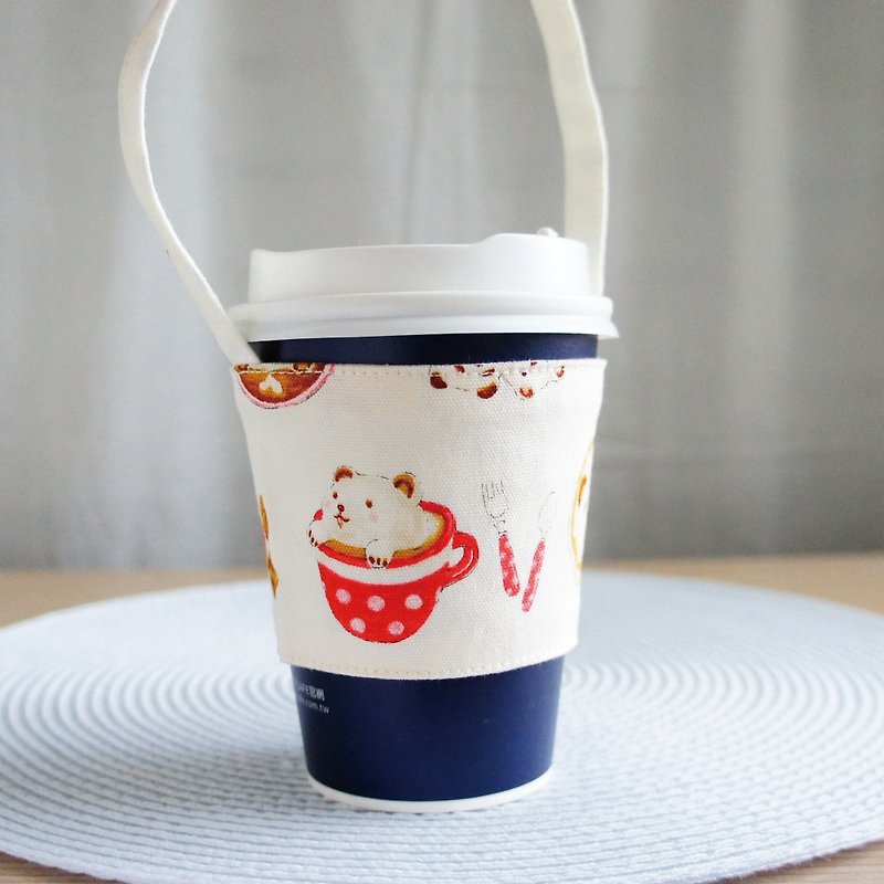 Lovely [Japanese cloth] Bear Latte coffee beverage cup bag, bag, eco-friendly cup holder, rice - ถุงใส่กระติกนำ้ - ผ้าฝ้าย/ผ้าลินิน ขาว