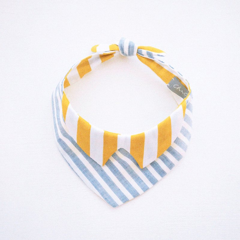chacha.metyou / blue, yellow and white striped Linen scarf / dog meow hairy child - Clothing & Accessories - Cotton & Hemp White