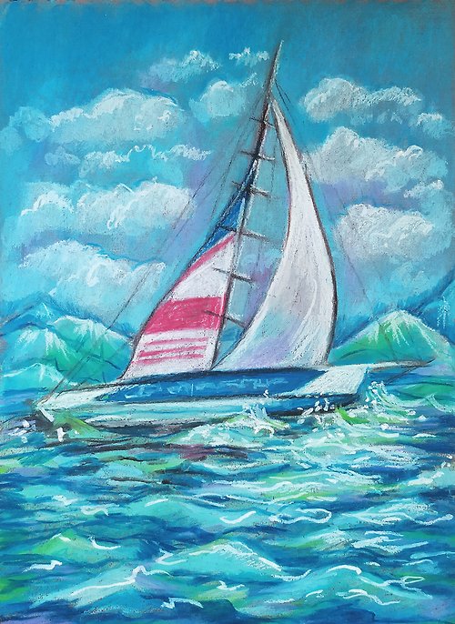 Nadinart Seascapes sailboat at sea oil pastel original work animal original painting art