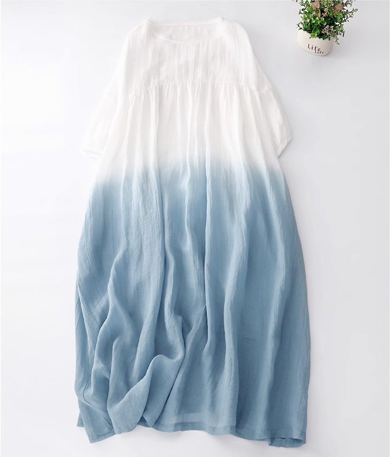 【Senzhihai】Princess Sleeve Light Blue Fantasy Gradient Dress - One Piece Dresses - Cotton & Hemp Blue