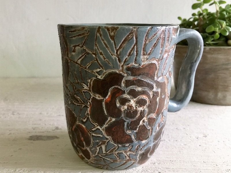 Fascinated for you, rose coffee cup _ pottery mug - แก้วมัค/แก้วกาแฟ - ดินเผา สีน้ำเงิน