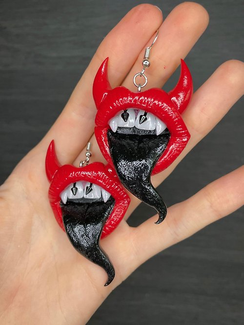 Polymer Diary Earrings. Red lips with a black tongue.
