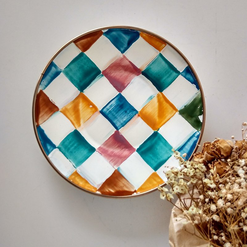 Colorful Checkered 6" Painted Enamel Plate with Handmade Gift Wrap - จานเล็ก - วัตถุเคลือบ หลากหลายสี