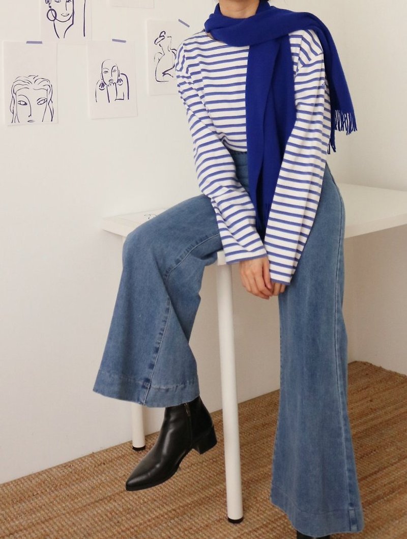 NANAKO JEANS - JAPANESE VINTAGE Stone Wash Blue High Waist Denim Flare Pants - Women's Pants - Cotton & Hemp Blue