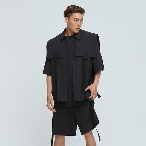 VOUX Ultracool-寬版造型五分袖工裝外套(男) - 烏黑
