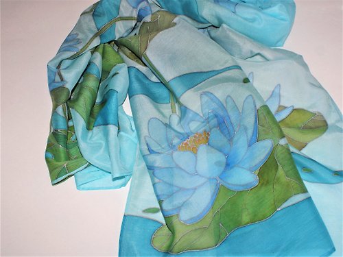 Enya Hand painted scarf Lotus blossom shawl Silk cotton blend scarf Blue floral scarf