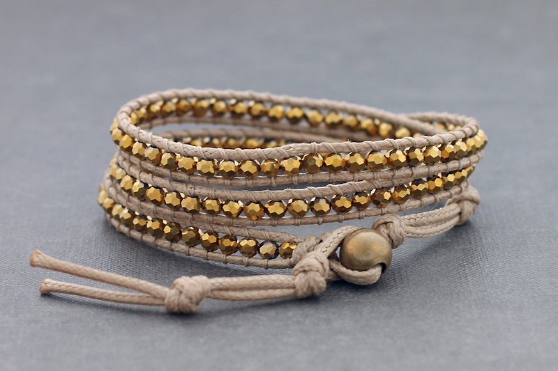 Ivory Gold Crystal Beaded Wrap Bracelets, Gold Faceted Woven Braided Bracelets  - Bracelets - Thread Gold