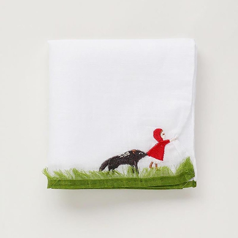 HIKKOMI Little Red Riding Hood Handkerchief 41 x 41 cm 50% cotton 50% linen Made in Japan Gift - ผ้าเช็ดหน้า - ผ้าฝ้าย/ผ้าลินิน ขาว