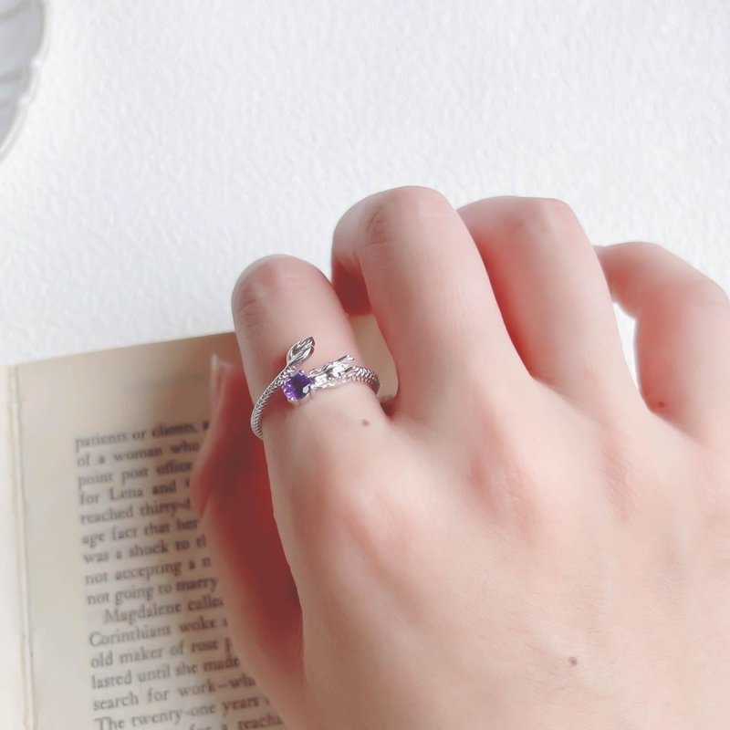 Amethyst 925 Sterling Silver Dragon Design Ring Adjustable Ring - แหวนทั่วไป - คริสตัล สีเงิน