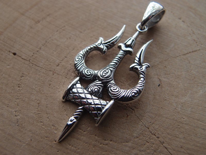 Lord Shiva Trishul big Pendant -  Sterling Silver Pendant, Trishul Damru Charm - 項鍊 - 純銀 銀色