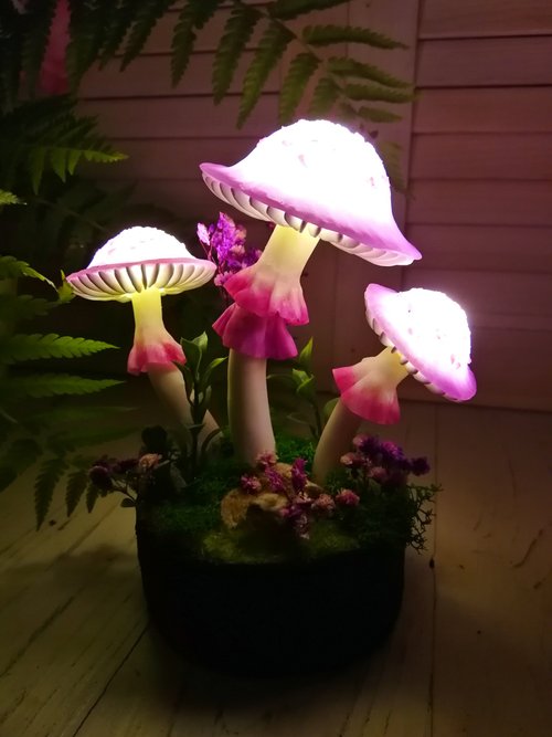 Mushroom lamp consisting of three pink mushrooms and berries - Shop Magic  Night Lights Lighting - Pinkoi