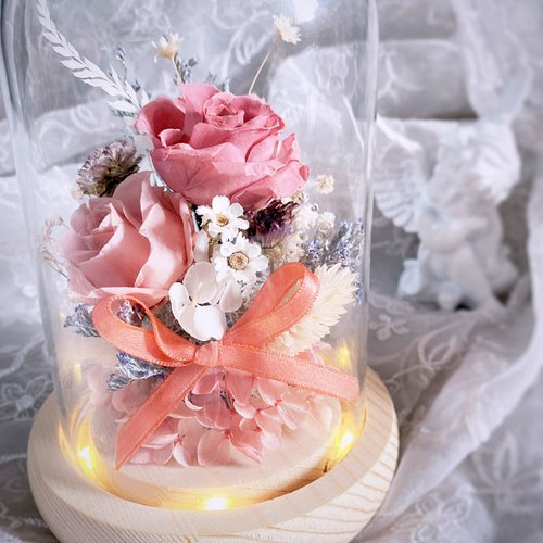 花天使 Floral.angelia 永生花｜不凋花｜乾燥花｜生活美學 材料包/成品 永生玫瑰玻璃花燈 粉戀天使 玻璃花盅 日本永生花