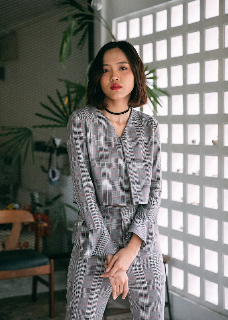 WARM GREY CHECK PLAID V NECK CROP TOP BLOUSE WITH FLARE LONG SLEEVE - Women's Tops - Other Materials Gray