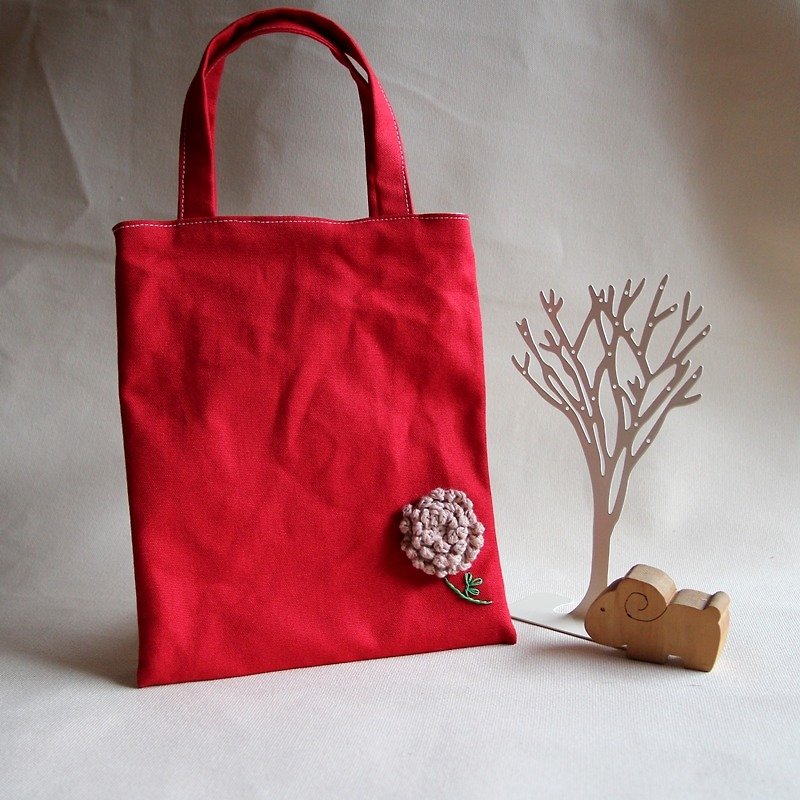 Wool fireworks flat pack red canvas embroidered wool flower stem - กระเป๋าถือ - ผ้าฝ้าย/ผ้าลินิน สีแดง
