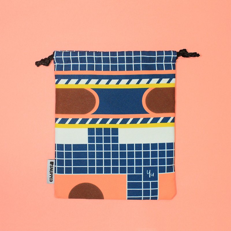 Silo Navy Lined Digital Printed Drawstring Pouch Bag / Goodie Bag - กระเป๋าเครื่องสำอาง - เส้นใยสังเคราะห์ สีน้ำเงิน