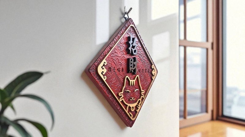 招き猫の彫刻飾り//安産祈願 - 置物 - 木製 多色