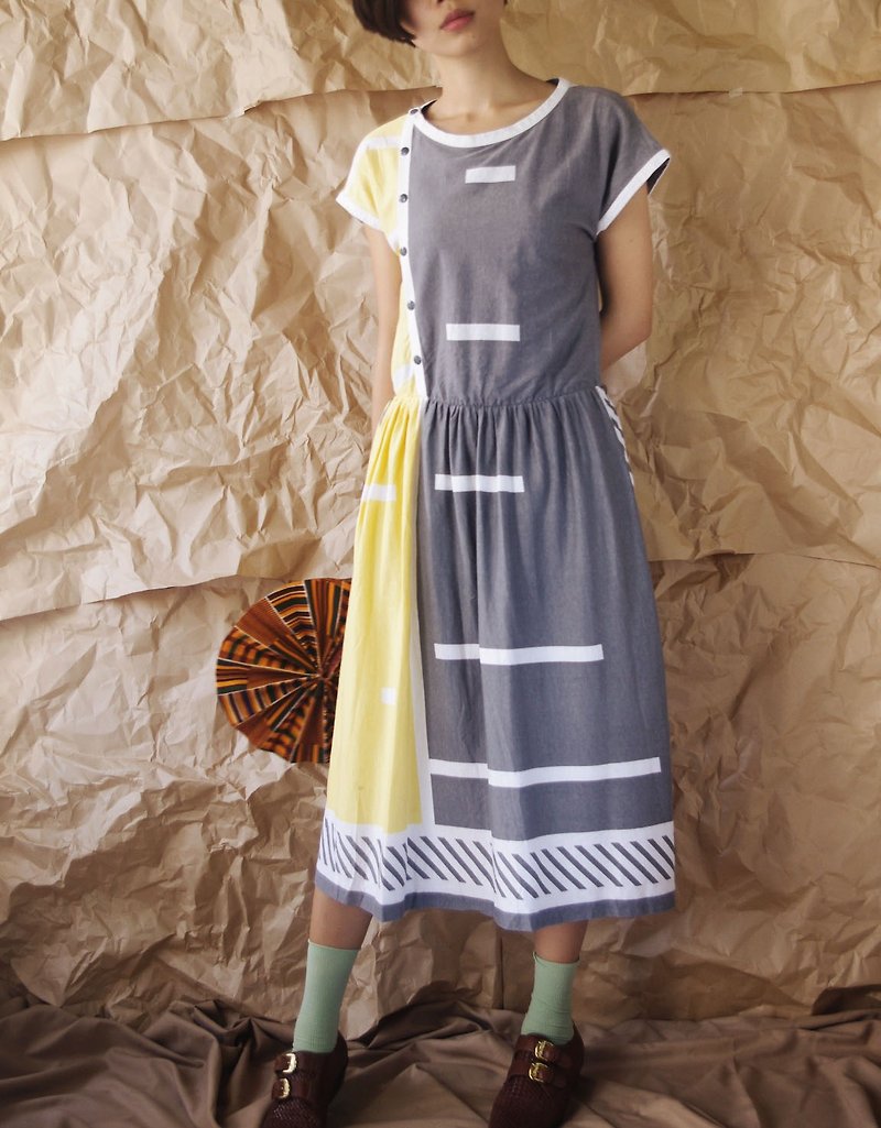 4.5studio - treasure hunt - yellow X gray color cotton retro dress - One Piece Dresses - Cotton & Hemp Yellow