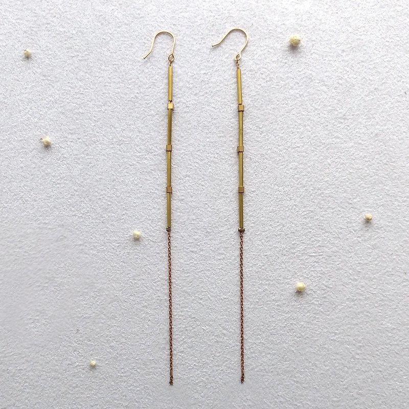 e069-細細長長的思念-黃銅垂墜 針式/夾式耳環 - 耳環/耳夾 - 其他金屬 咖啡色
