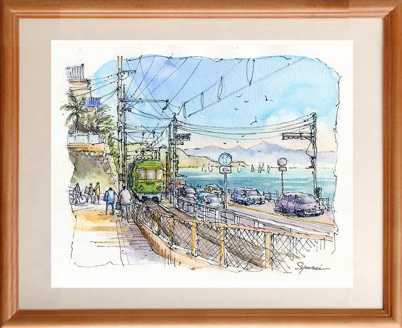 Watercolor painting Enoden / Kamakura high school front railroad crossing 10 - โปสเตอร์ - กระดาษ สีน้ำเงิน