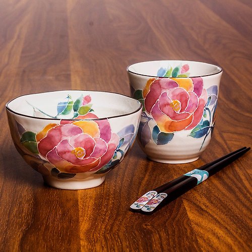 日本药师窑 現貨日本美濃燒和藍釉下彩水彩花卉陶瓷一人食杯碗筷套裝喬遷禮物