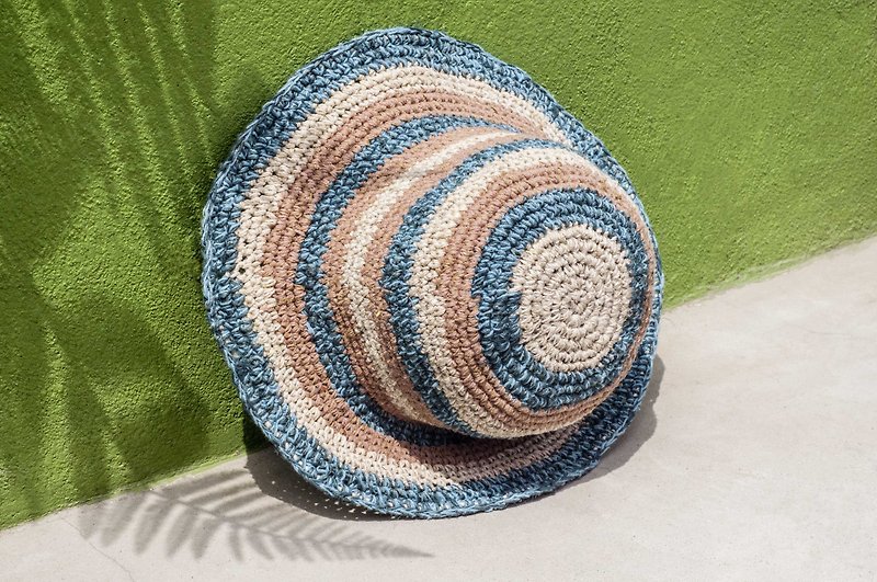 Hand-knitted cotton and linen cap knit hat fisherman hat sun hat straw hat - South American colorful striped blueberry - หมวก - ผ้าฝ้าย/ผ้าลินิน หลากหลายสี