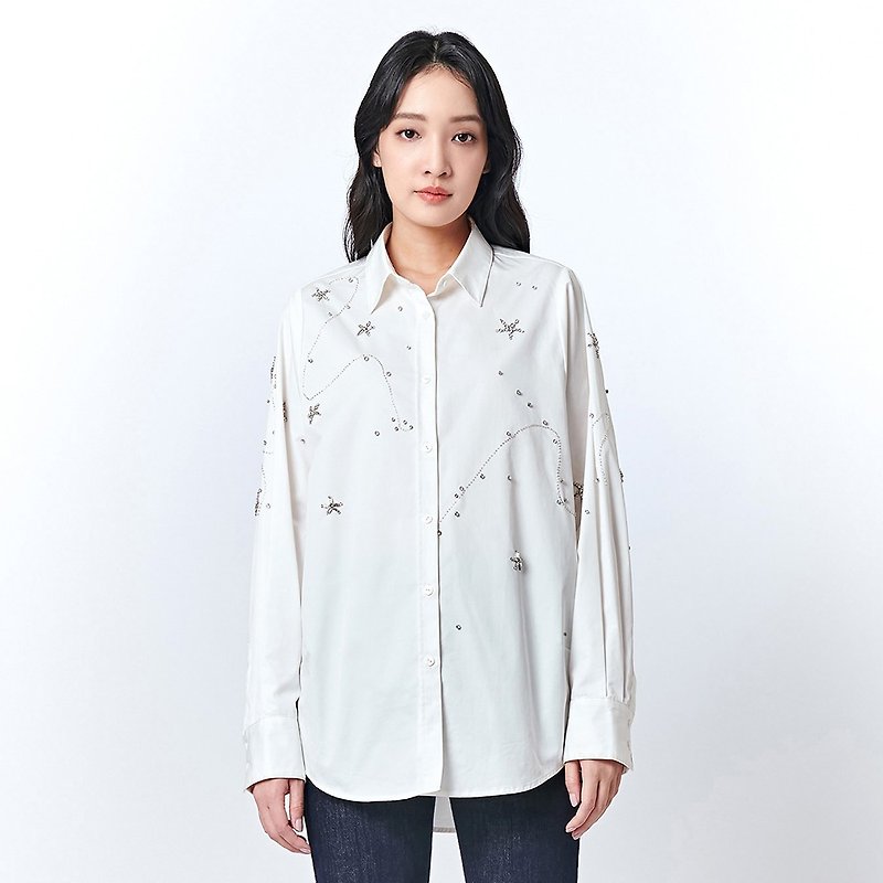 KeyWear star hand-stitched long-sleeved shirt-white-0AF00020 - Women's Shirts - Cotton & Hemp White
