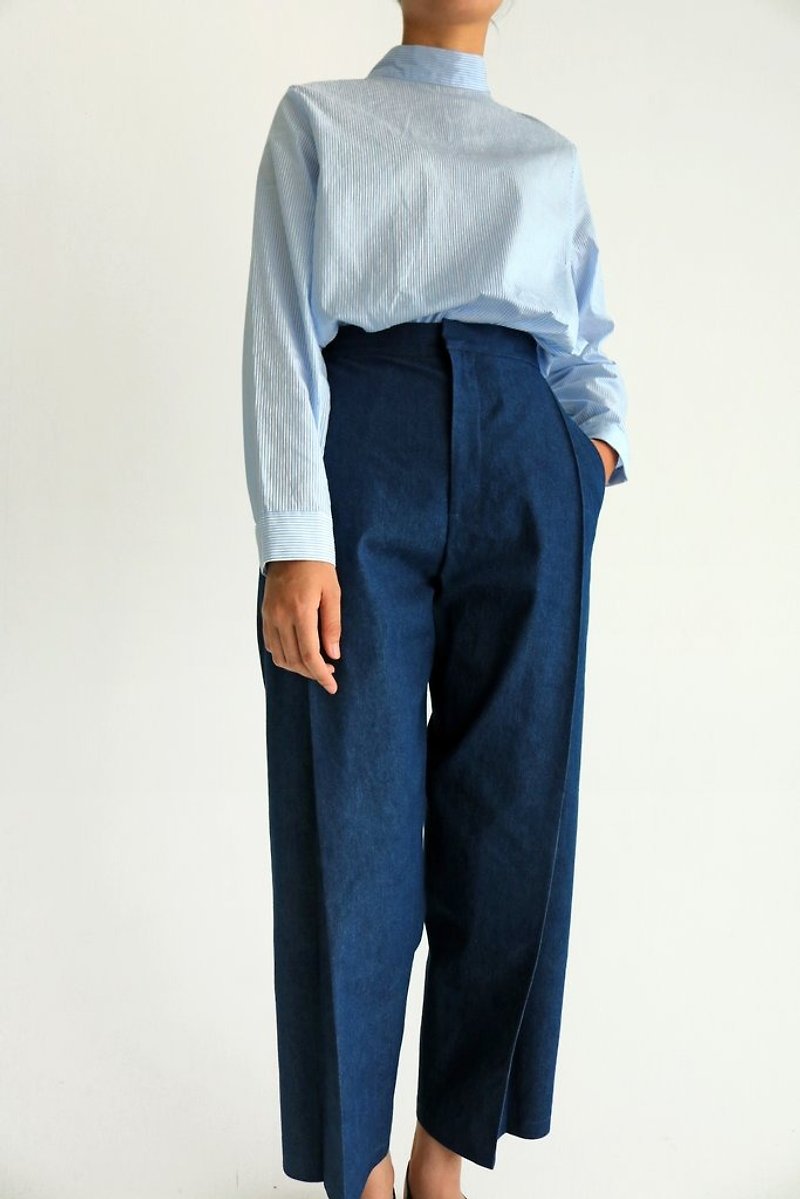 Minuit Culottes 全棉雙摺立體版型寬褲 - 女長褲 - 棉．麻 藍色