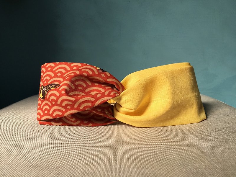 Double headband / red carp and yellow - ที่คาดผม - ผ้าฝ้าย/ผ้าลินิน สีเหลือง