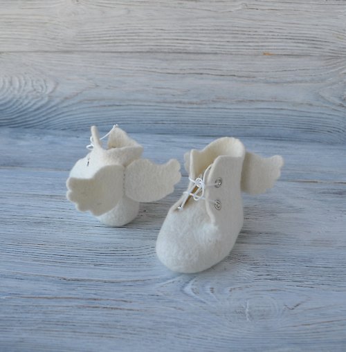 Feltedclouds Felted wool white baby booties with angel wings Newborn shoes Christening gift