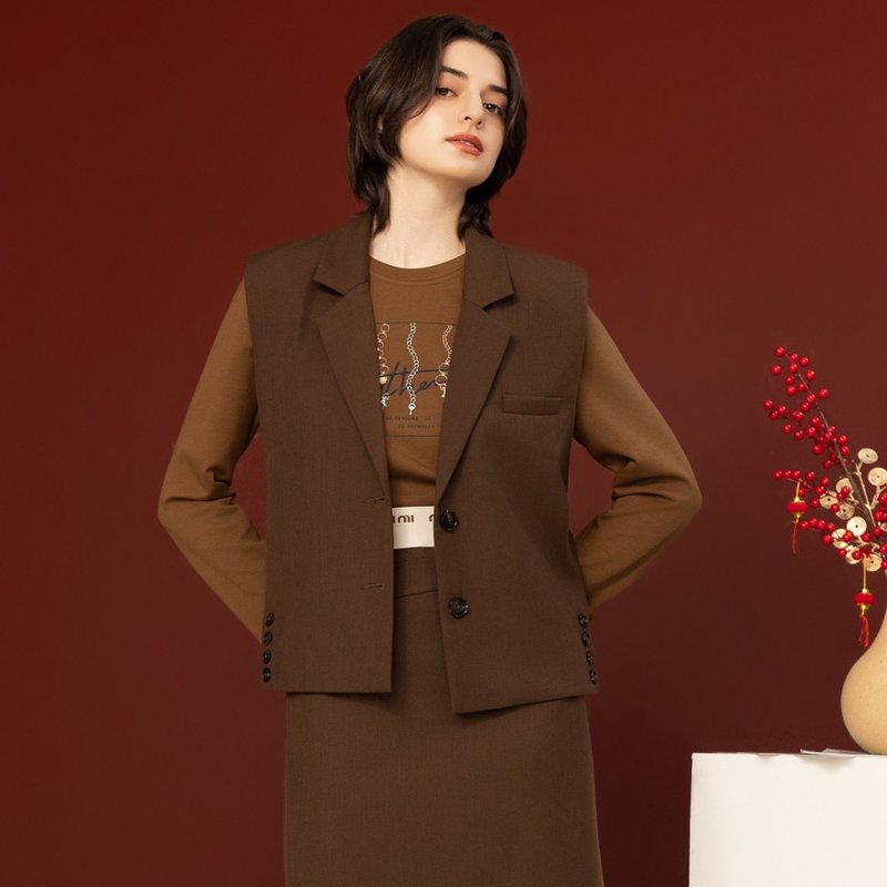 【MEDUSA】棕色翻領剪裁西裝背心外套(M-XL) | 西裝套裝外套 嫘縈 - 女西裝外套 - 其他人造纖維 咖啡色