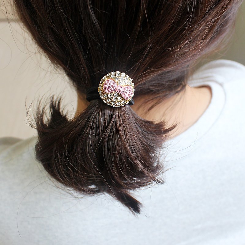CZ pink ribbon ponytail holder - 髮夾/髮飾 - 其他金屬 粉紅色
