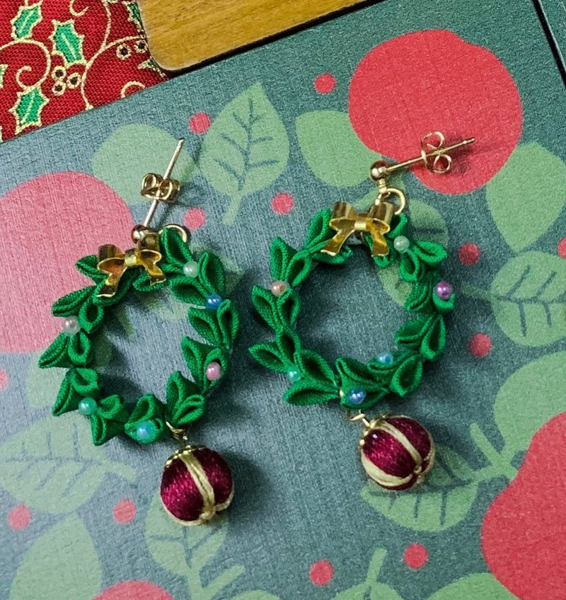 (聖誕 禮物) 聖誕花環 耳環耳夾 - 耳環/耳夾/耳骨夾 - 棉．麻 綠色