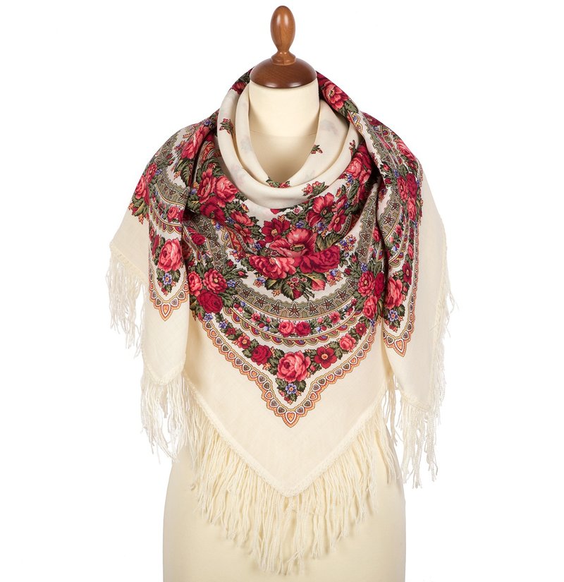 Pavlovo Posad Russian Shawl 100% Wool Scarf 125 cm, Wrap Woolen Fringe 1901-1 - Scarves - Wool White