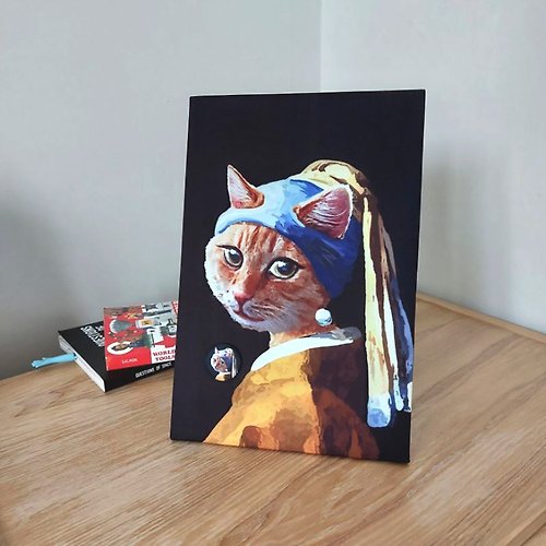 tommygift Magnetic Board Drawing of a cat in Girl with a pearl earring look.