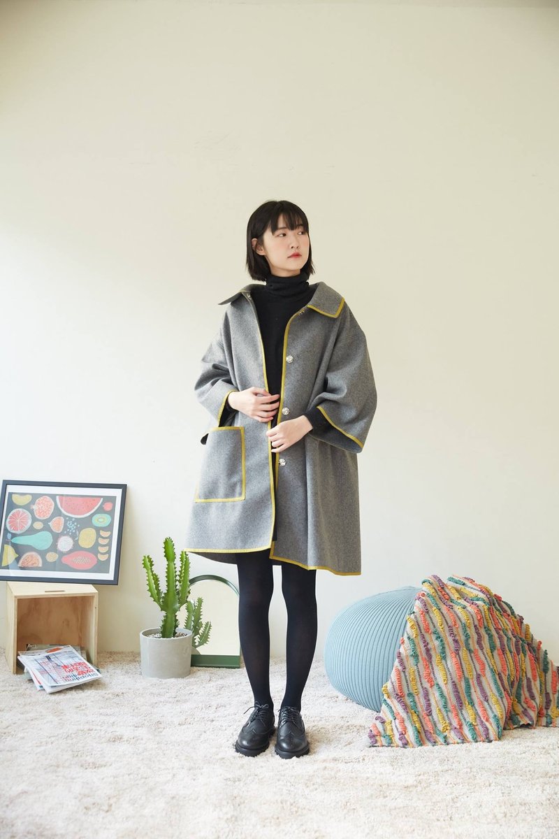 無裏灰毛料滾芥黃織帶斗篷式外套 - 女大衣/外套 - 其他材質 灰色
