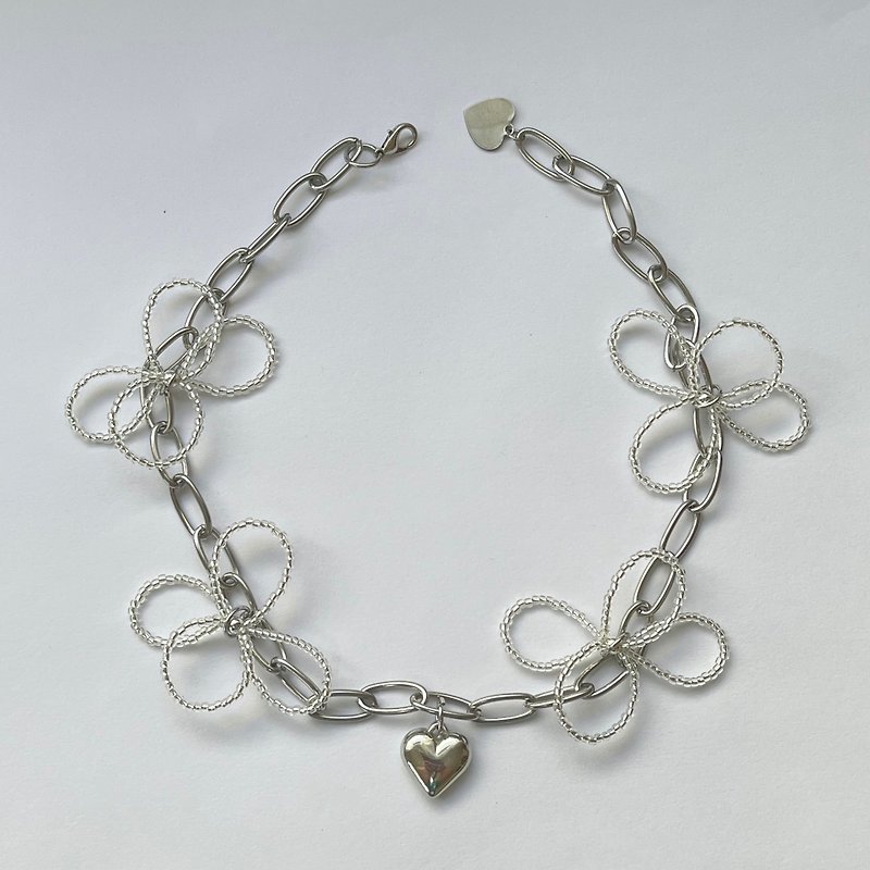 Silver necklace Chain necklace Bead necklace Flower - สร้อยคอ - วัสดุอื่นๆ 