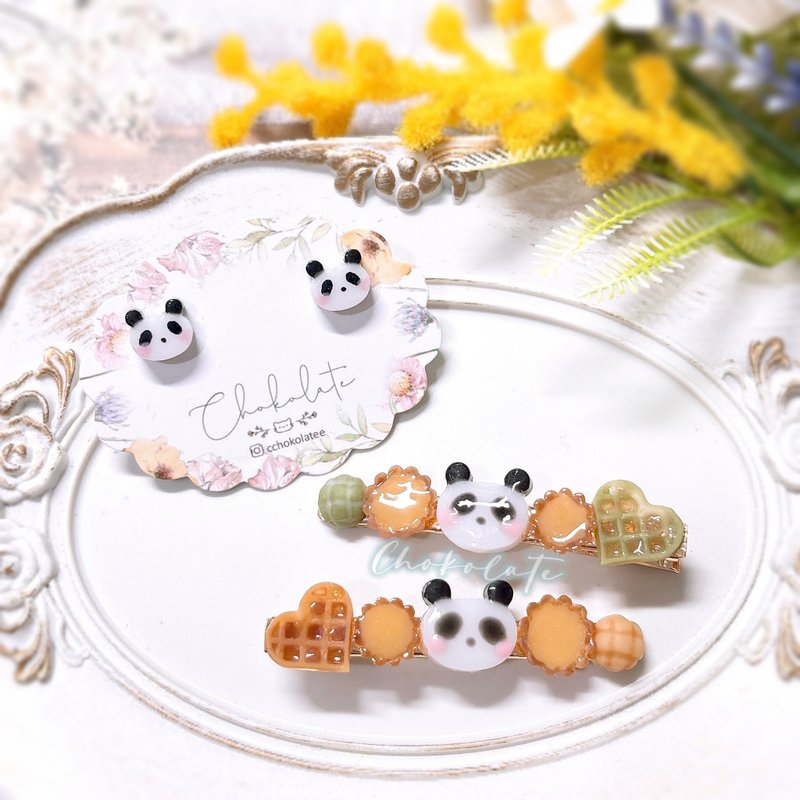 香港限定 蛋撻格仔餅菠蘿包熊貓耳環 髮夾 panda - 髮圈/髮夾 - 樹脂 多色