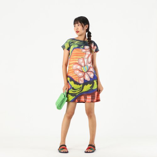 Anuroj Short Dress Cotton Rayon Hand Paint For Summer Beach Vacation