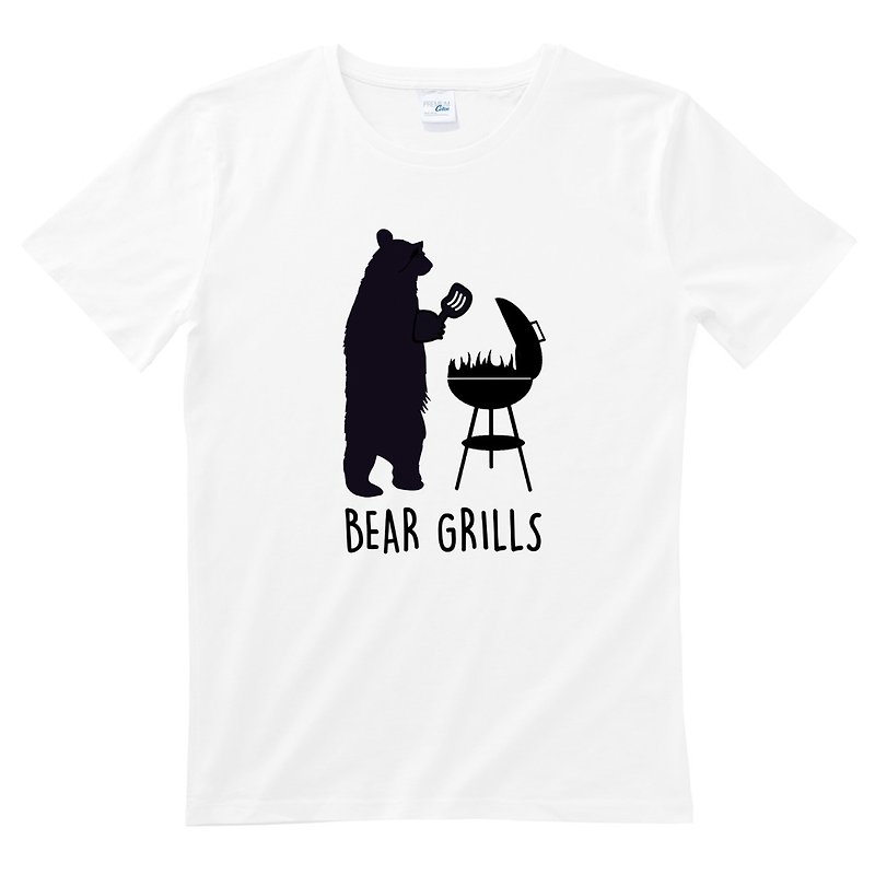 クマバーベキュースポット男性と女性半袖Tシャツ白いキャンプ動物の楽しみ野生のクマスキーアメリカンコットン - Tシャツ - コットン・麻 ホワイト