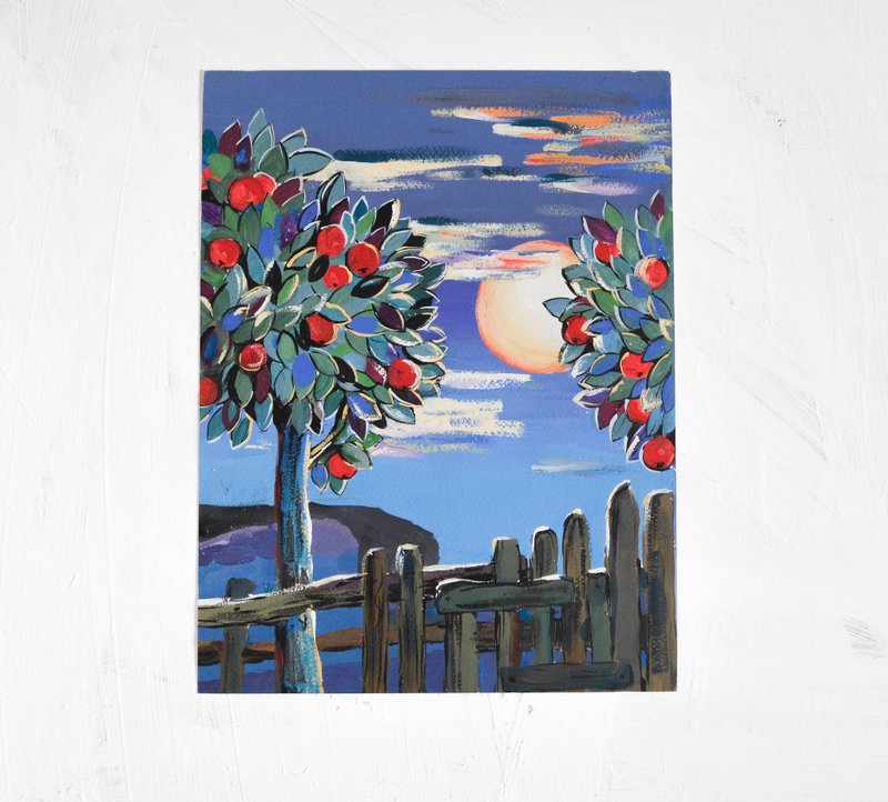 Full moon Original gouache Painting Landscape Lovely Day Planets Art 24x31cm - Wall Décor - Paper Blue