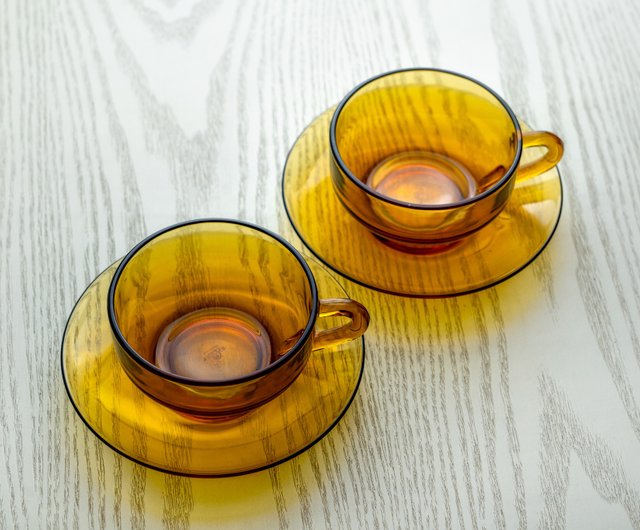 日本製石塚硝子adelex琥珀色寬口咖啡茶杯盤組中古品台灣免運小小