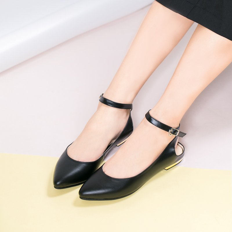 [Clear Product] Pointed Ankle Flats_Black - รองเท้าหนังผู้หญิง - หนังแท้ สีดำ