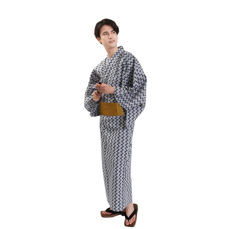日本 和服 男 綿 浴衣 腰封 2 件 套組 L Z35-e1 yukata - 其他 - 棉．麻 白色