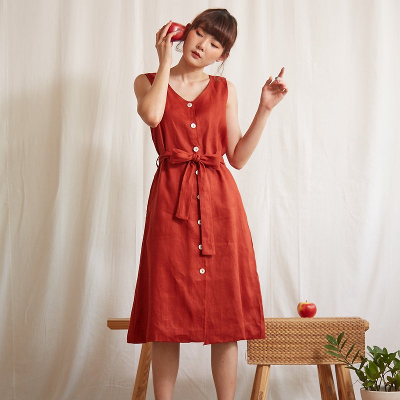 Linen Sleeveless V-Neck Dress in Burgundy Red Colour - One Piece Dresses - Linen Red